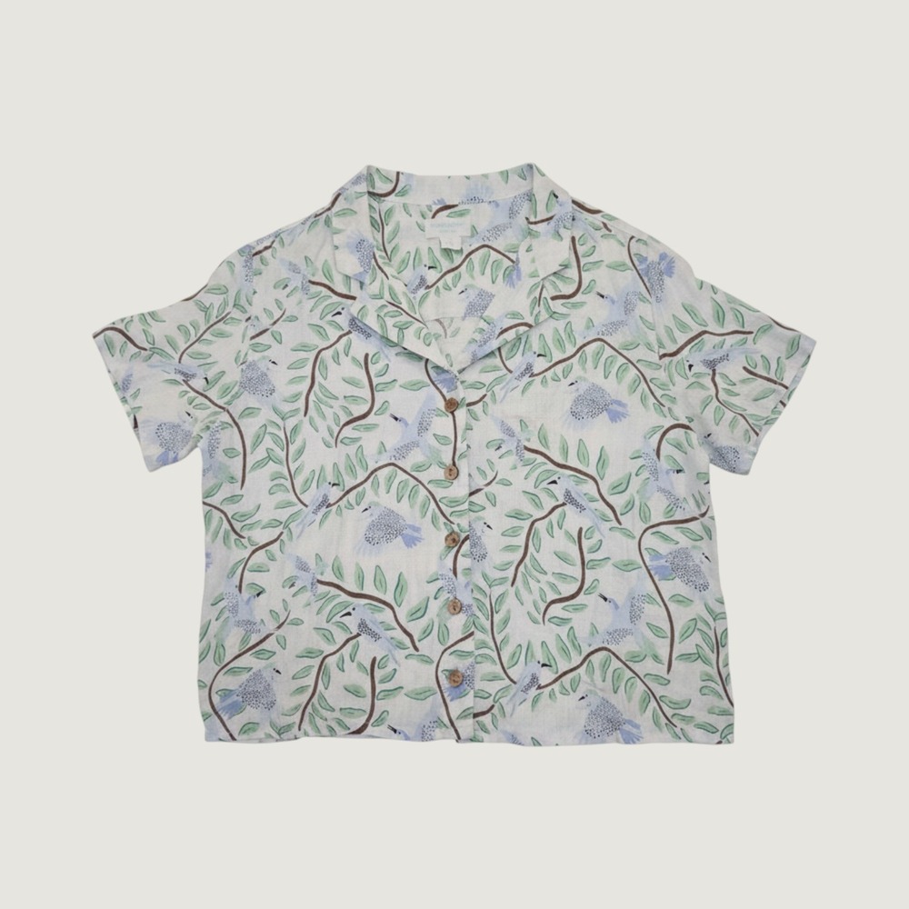 Cynthia Rowley Womens Blue Green Bird Print 100% Linen Camp Shirt Size M - Picture 1 of 8